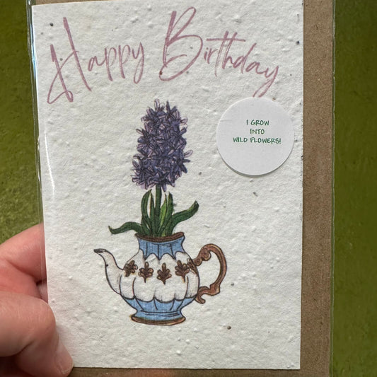 Seed Paper Greeting Card, Hyacinth Teacup Happy Birthday