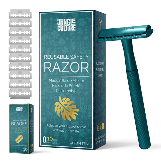 Metal Safety Razor, Including 10 Blades & Stand, Teal
