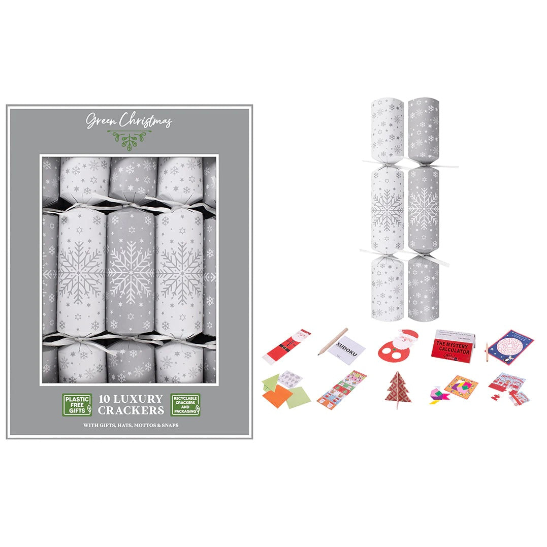 10 Large Premium Eco Christmas Crackers, Silver & White