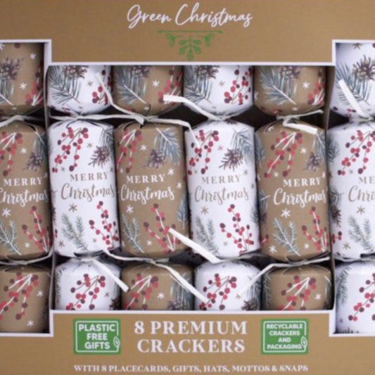 8 Large Premium Eco Christmas Crackers, Gold & White