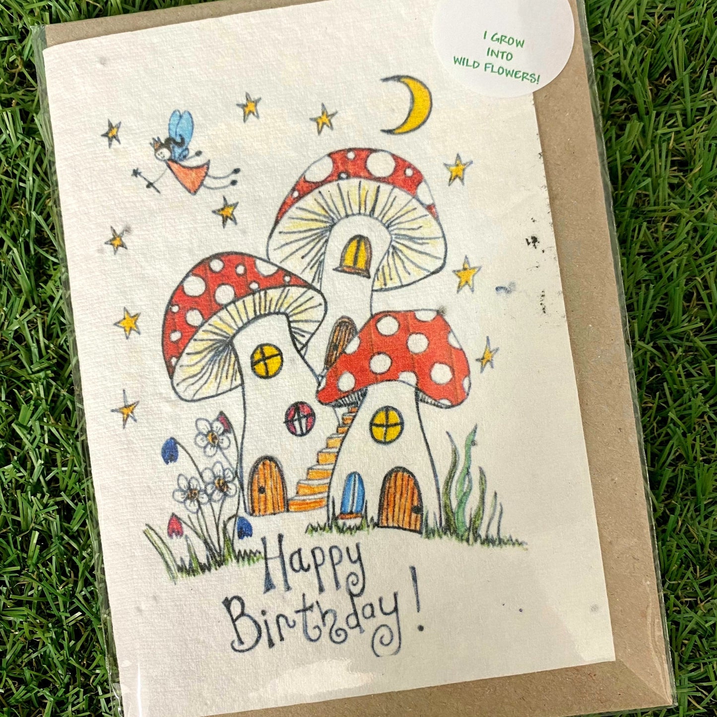 Seed Paper Greeting Card, Mushrooms & Fairies Happy Birthday